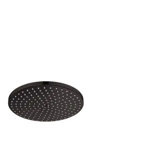 Schwarze, runde Kopfbrause von Hansgrohe mit gleichmäßig verteilten Brausenoppen. Ideal für den direkten Wandanschluss in einem modernen Bad.